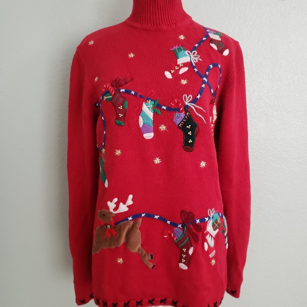 Christmas Sweater red reindeer stockings sz S